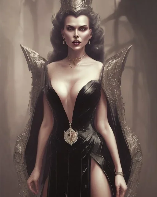 old evil queen in black leather gown, femme fatale, volouptous, busty, cleavage, angry, emperious, 8k resolution concept art portrait by Greg Rutkowski,