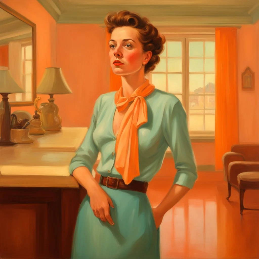 realistic oil painting of woman in messy blouse pointing to her neck, 1950s architecture interior house, art deco furniture visible. peach orange and cyan interior