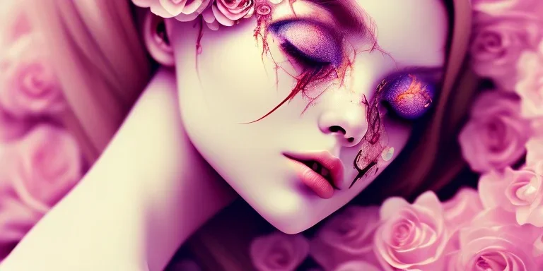 girl buried in flowers, dead, beautiful, eyes closed, laying down, close up