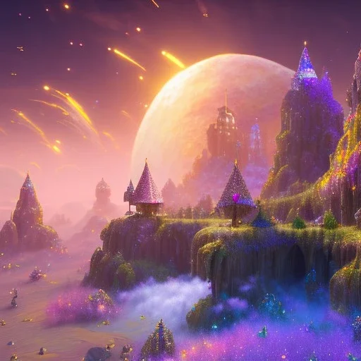 blue gold and violet landscape with multicolored crystals falling from the sky, full of details, smooth, bright sunshine，soft light atmosphere, light effect，vaporwave colorful, concept art, smooth, extremely sharp detail, finely tuned detail, ultra high definition, 8 k, unreal engine 5, ultra sharp focus