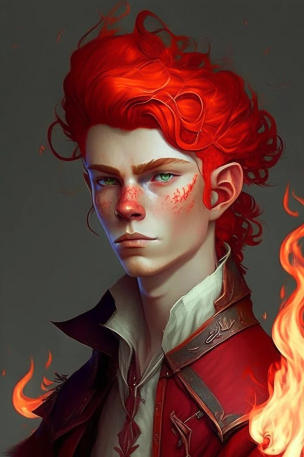 A teenage half-elf man, his hair is like red flame, looks charming but with an attitude, fancy clothing