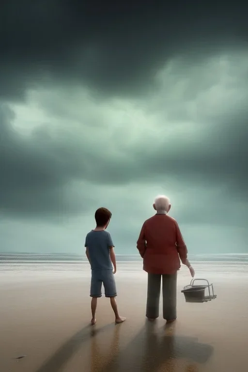 young boy standing and old man sleeping on beach, dark storm clouds overhead, gloomy, bleak, shopping trolley