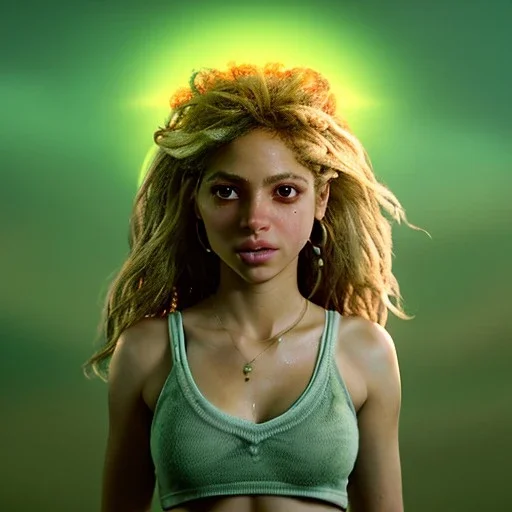 Shakira, artist, 30 years old, Realistic image, waist up portrait, Steven Spielberg style. loose long hair, eyes make up, perfect, glow, circle iris. concept art, smooth, unreal engine 5, god lights, ray tracing, RTX, lumen lighting, ultra detail, volumetric lighting, 3d, finely drawn, high definition, 4k.