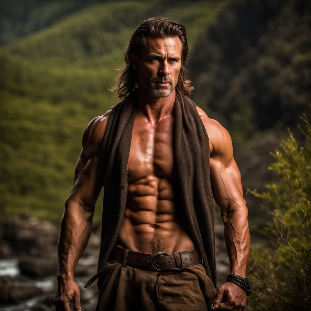 Handsome and muscular 40 year old shirtless mountain man, dark fantasy