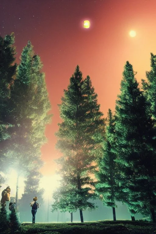 school kids see ufo flying over tall pine trees near a powerline with (three lights underneath) and lots of lights all around the edge, the year is 1966 in color, concept art, by Asaf Hanuka, by Weta Digital, Electric Colors, Screen Space Global Illumination, in a symbolic and meaningful style