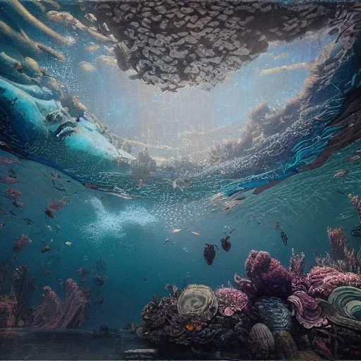 Underwater view,Insanely detailed photograph of an “artitcture plans of a canoe ” with intricate waves, intricate embroidered band of stars, hyperdetailed painting by Ismail Inceoglu Huang Guangjian and Dan Witz CGSociety ZBrush Central fantasy art album cover art,8K, hdr, romantic, mysterious, ominous, flowers, jewelry, steam,oil,cafe,street vendor,steamship,D&D