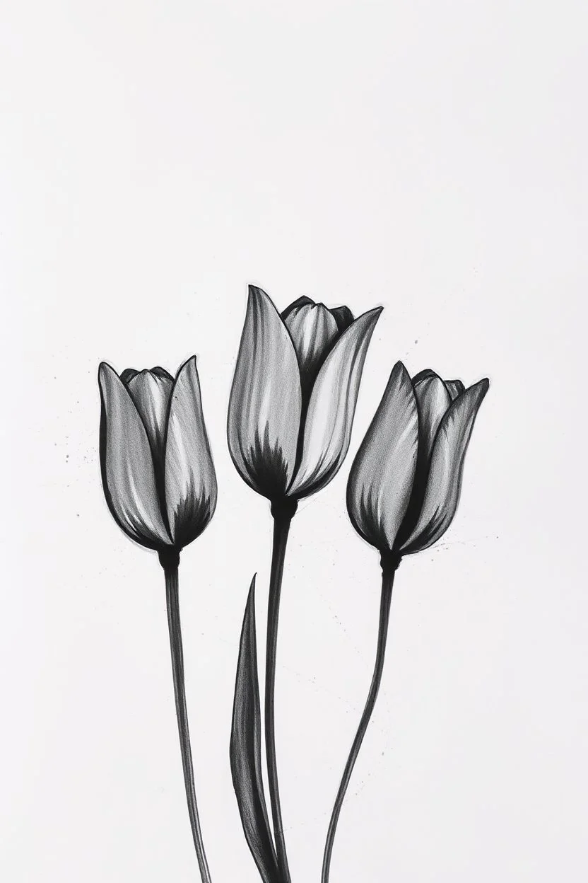 Minimalist Charcoal drawing of 3 tulips on a textured gesso background
