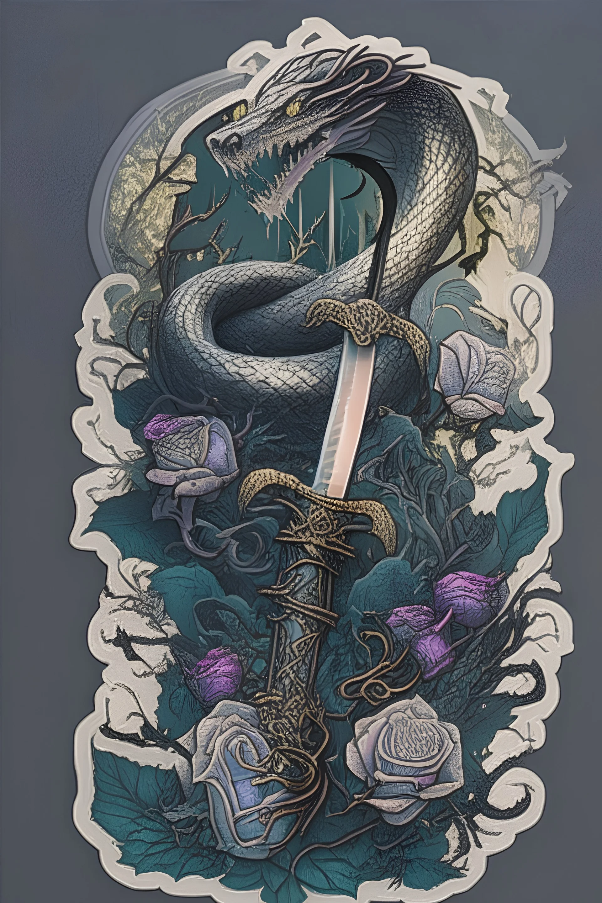 Design a captivating sticker inspired by gothic fantasy novels. Create an intricate scene featuring a beautifully crafted sword with a coiling snake entwined around it. Surround the central image with an array of hauntingly enchanting flowers, evoking a romantic fantasy atmosphere. Ensure the overall design is visually striking and suitable for a sticker format.