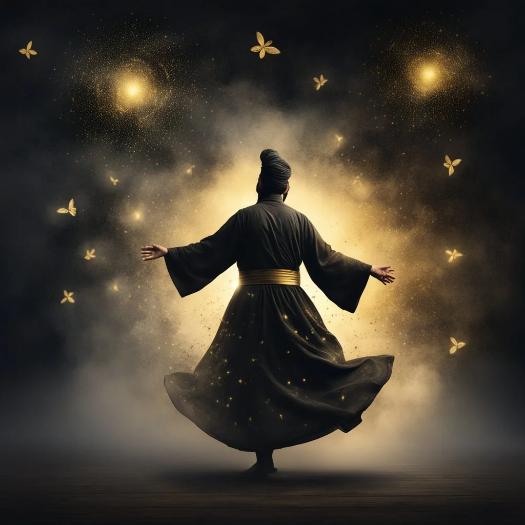 Hyper Realistic Sufi Whirling with black & Golden Islamic Sufi Rustic Grungy Background with heavy fog & fireflies at dark night