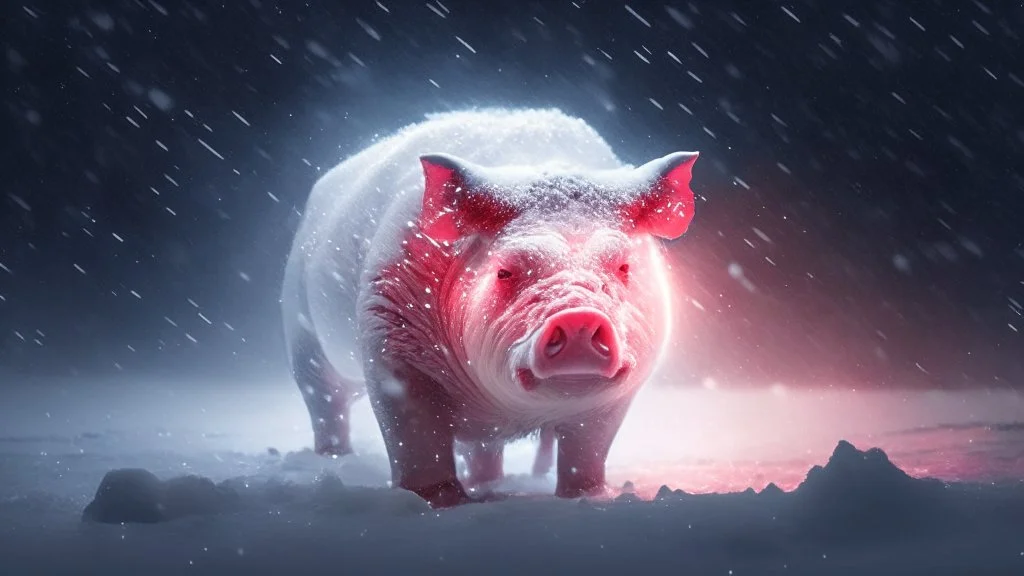 Gorgeous angry white sabre tooth pole pig with glowing red eyes in a snow storm at night