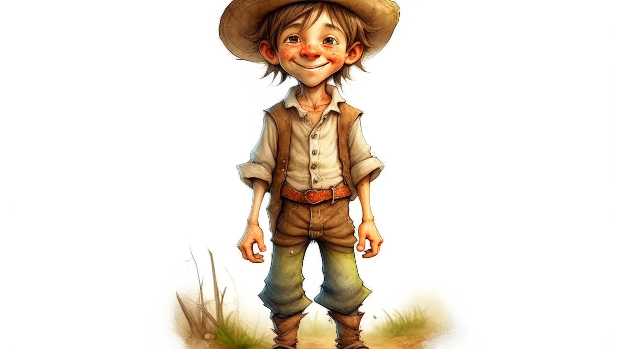 fantasy illustration of a cute and small but very poor country boy. He is 7 years old ,his clothes are worn out, but he looks happy.