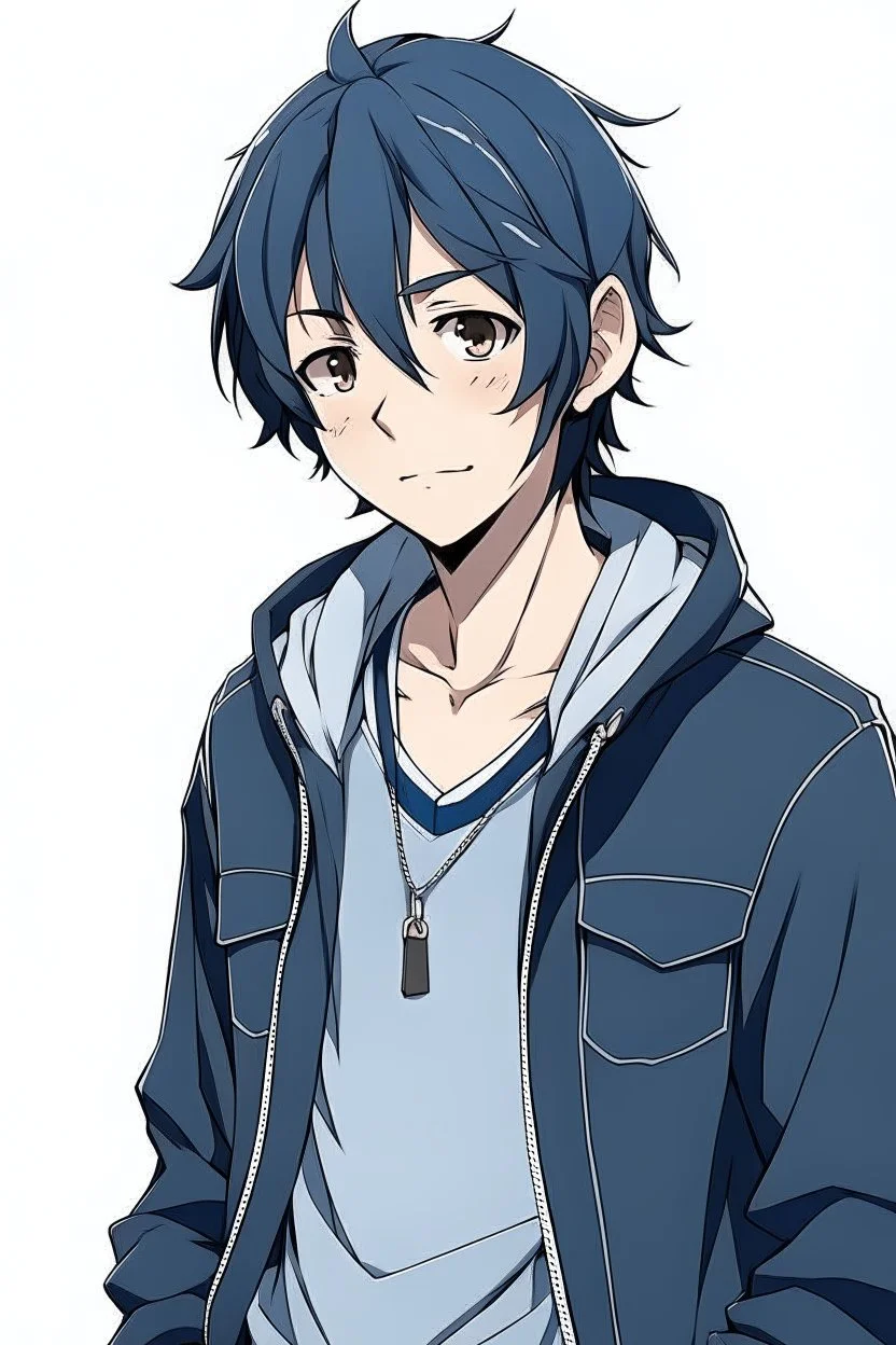 dark blue haired anime boy in a jean jacket