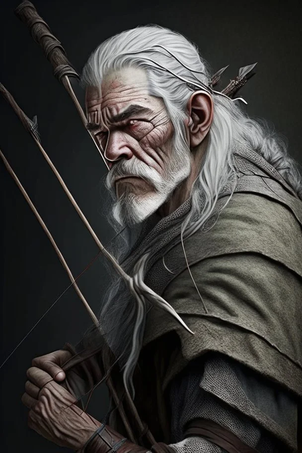 gray hair medieval man with a longbow