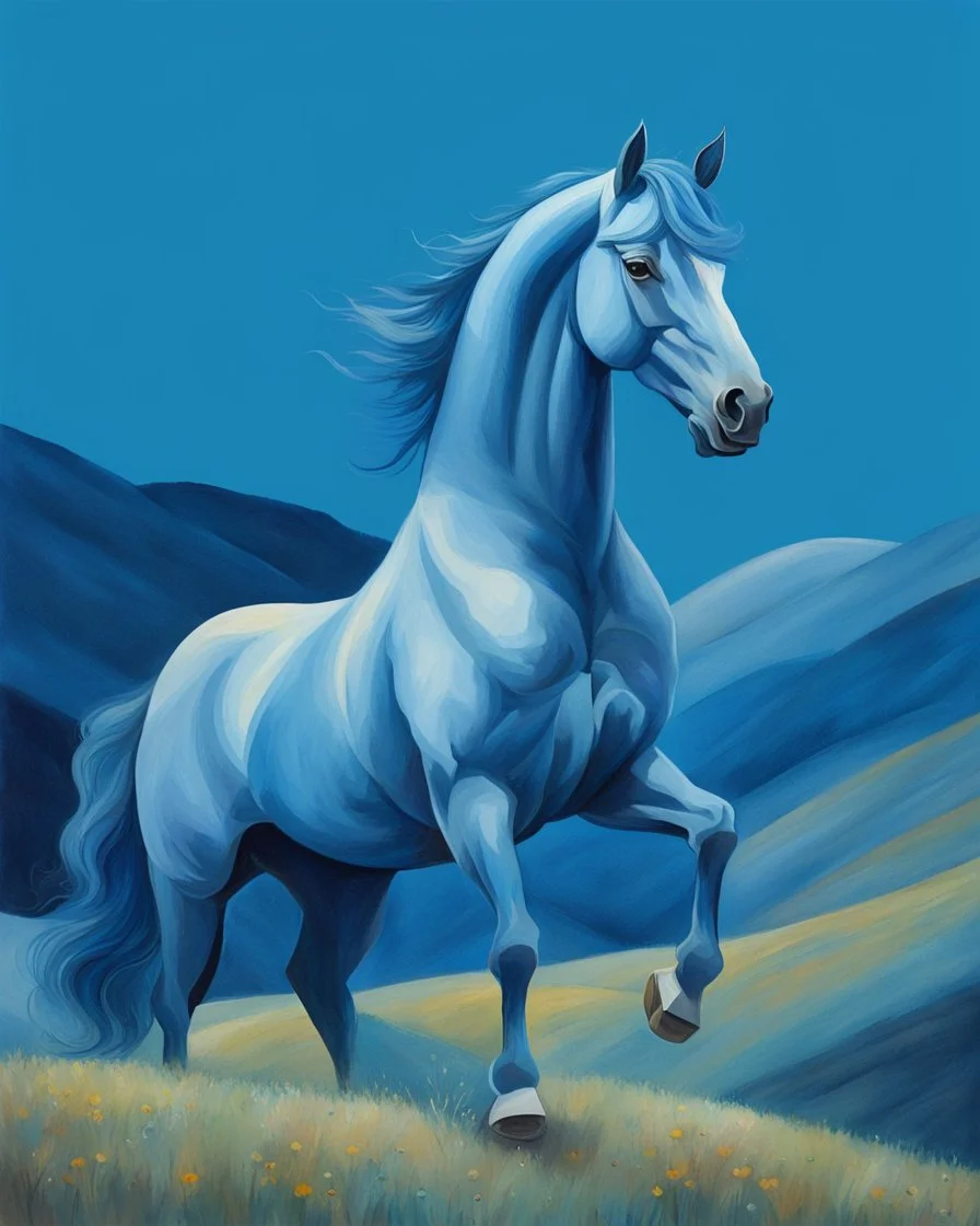 a blue horse in hills like a 19th painting