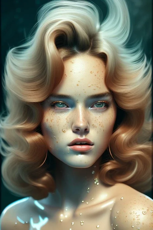 1970's porno model, cute, big droopy eyes, pouty wet lips, angelic face with minor blemishes, beautiful, long orange flowing hair, wavy hair, curly hair، black eyes, head and shoulders portrait, cinematic, misty atmosphere, 8k, resolution concept art portrait by Greg Rutkowski, Artgerm, WLOP, Alphonse Mucha dynamic lighting hyperdetailed intricately detailed, bokeh, Stunning 8k ektar film scan, rim light, volumetric lighting