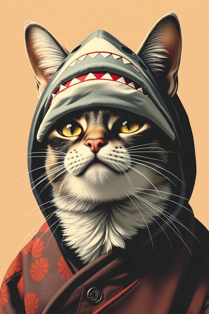 cat with shark mask hat solana japanese style in the style of warhol