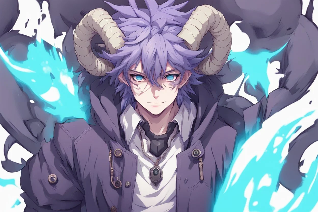 anime man with ram horns, fangs, messy purple hair and blue eyes