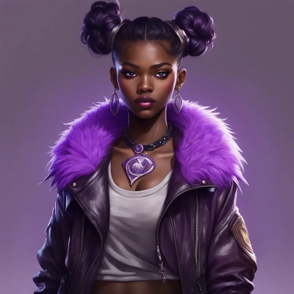 arcane tv show style, league of legends, solo, 1girl, attractive teenager, african, dark skin, dark-brown eyes, black hair, pair buns, (violet strand in forehead bang), necklace, earrings, modern makeup, (detailed skin texture), old leather jacket with violet fur collar, oversized torn t-shirt with half-erased unknown music group logo, You can see through the wide holes in the t-shirt her acid-green sport top, dark background, bokeh, cinematic atmosphere