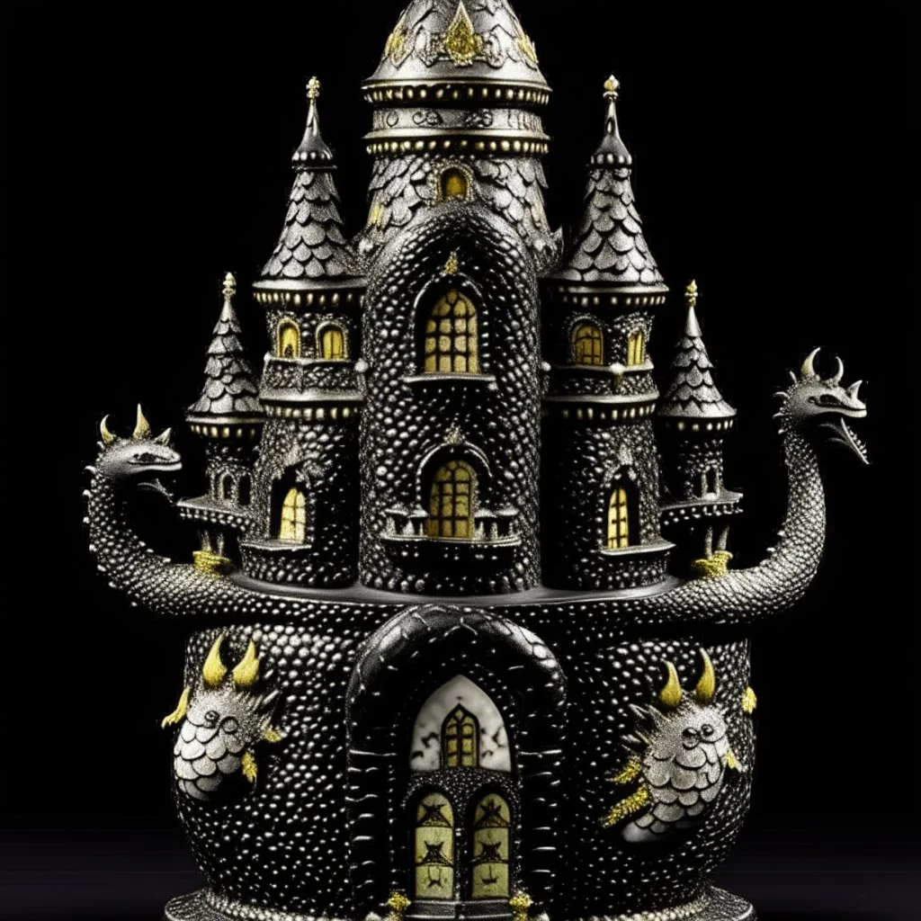 A black castle with a moon dragon designed in Matryoshka dolls painted by Peter Carl Faberge