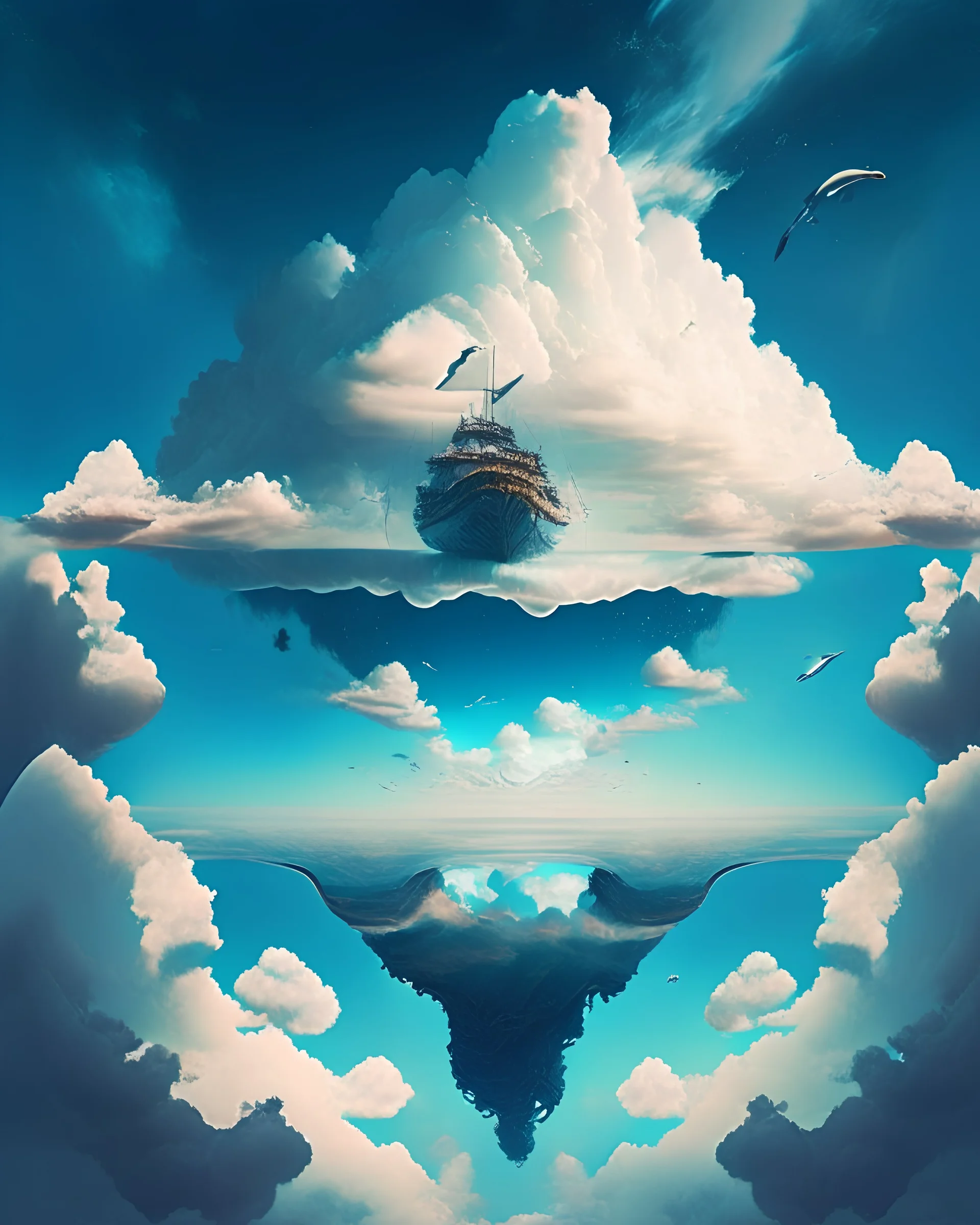 An inverted world where the sky is a vast ocean and ships navigate through the clouds