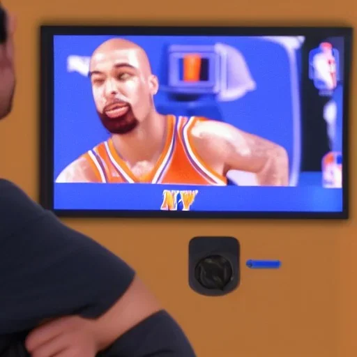 an ugly man watching the New York Knicks on a very small television