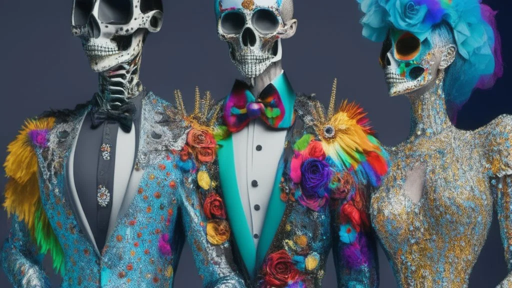 Surreal Painting Entitled "Homo Consumerist"; A Partially Skeletonized Celebrity Couple Wearing Haute Couture Made Out Of Bits And Pieces Of Colorful Items From The Mysterious Depths Of A Bird's Nest.