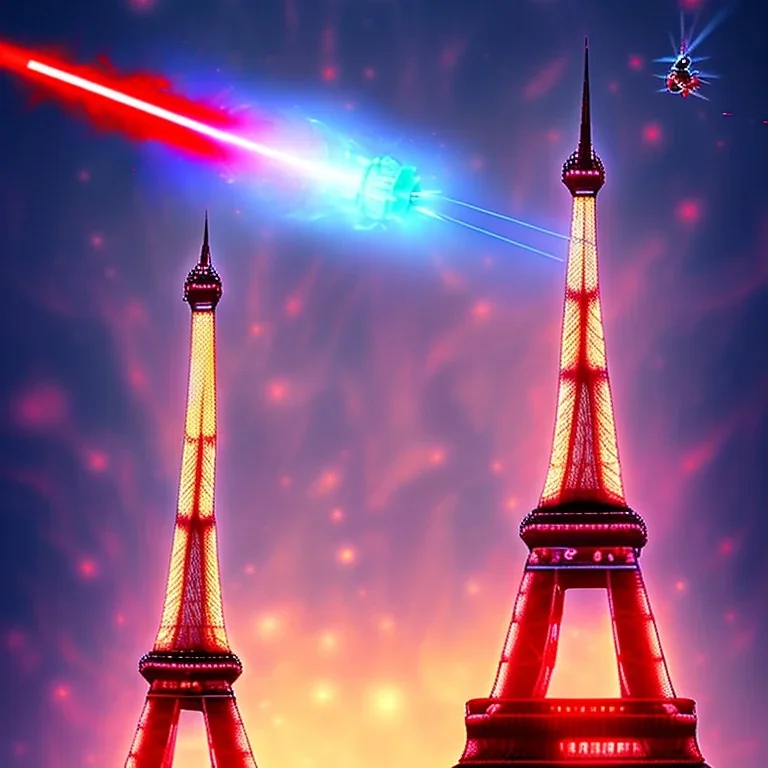 Robot géant extra terrestre tire laser rouge vif sur la tour eiffel, militaires tirent sur le robot