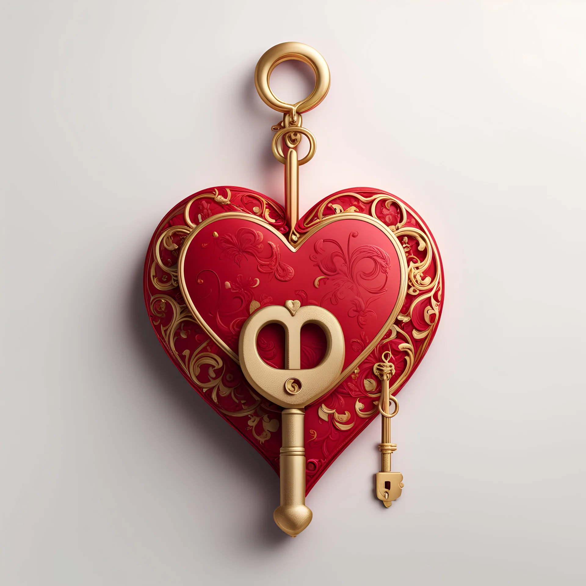 Valentine's hearts in red with a golden key on a white background