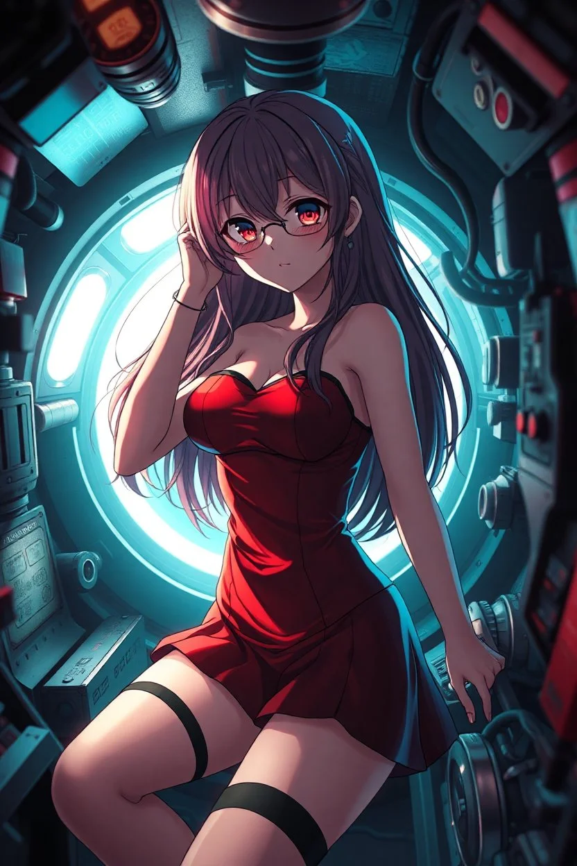 Anime girl crushed inside claustrophobic really diesel in engin room of the ship, fullbody, intricate, darkred tones, macro photography,