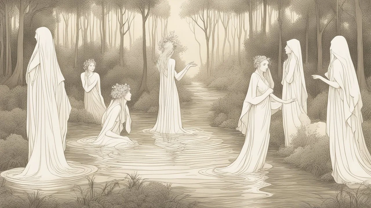 In the heart of a mystical forest, where the veil between reality and imagination is thin, lies a scene of ethereal beauty: The nymphs of the great bathers.