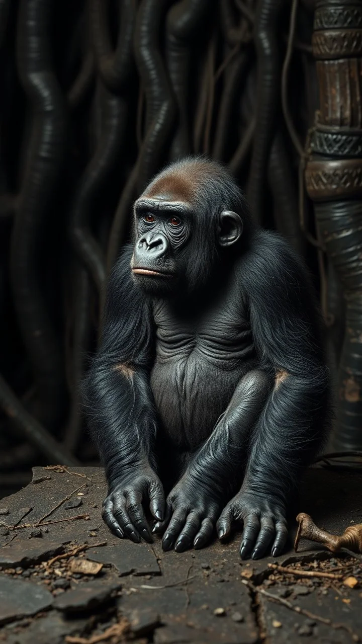 A gorilla in the background of black vein, human veins, mixing together a lot of them, like a forest, big and small veins a lot of them, an army a dead baby gorilla sitting on an old broken table