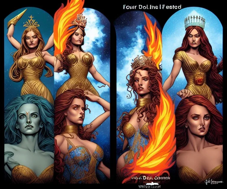 Four doll divine representing each one the four elements: Fire: Earth: Air: Water. Mark Brooks and Dan Mumford, comic book art, perfect, smooth elemental galactic space core royalty queens crown.