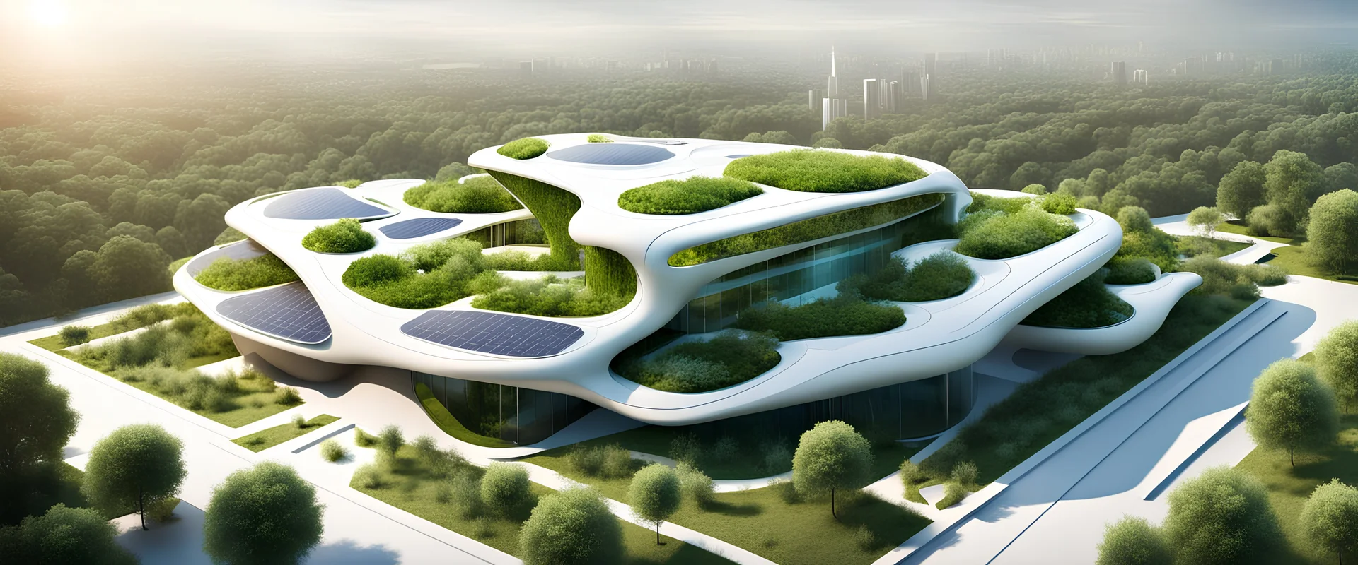 Futuristic buildings, autonomous ecologies, solar panels, lots of greenery, self sustaining architecture