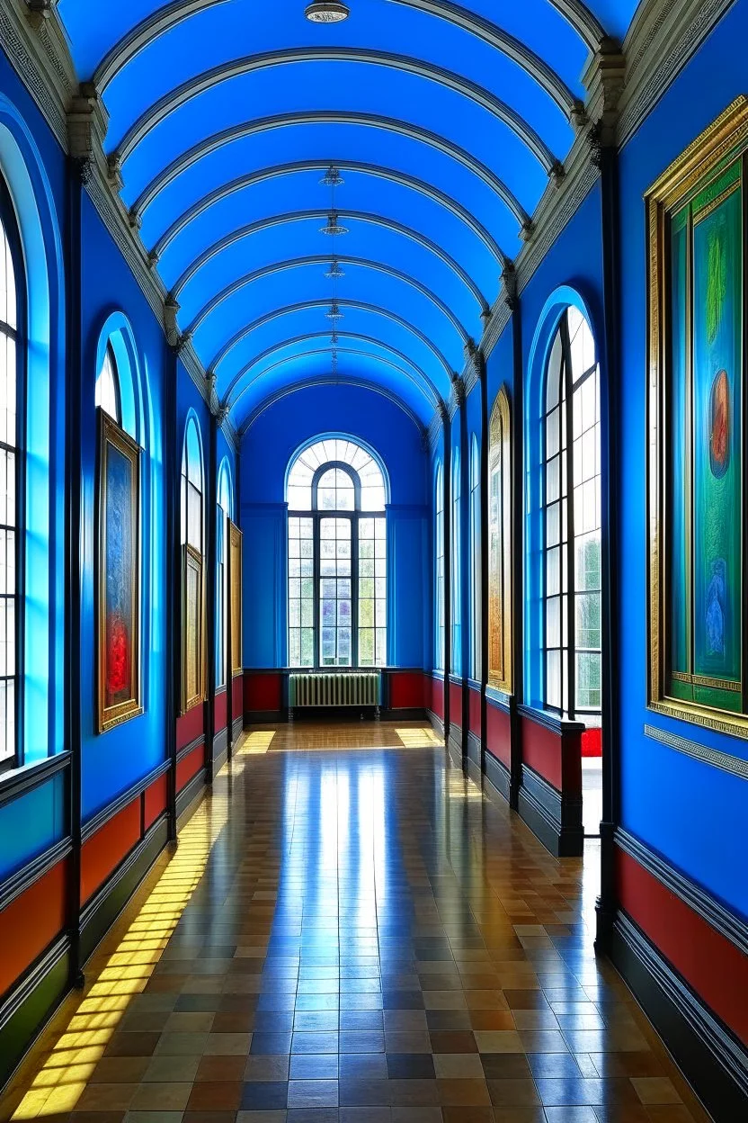 An exhibition of paintings whose side walls are in the shape of an oval and made of blue glass and its floor is light with a wall in the middle of the hall to divide it into two parts with a corridor at the beginning and end of the wall and the paintings displayed are old and historical with a window at the end