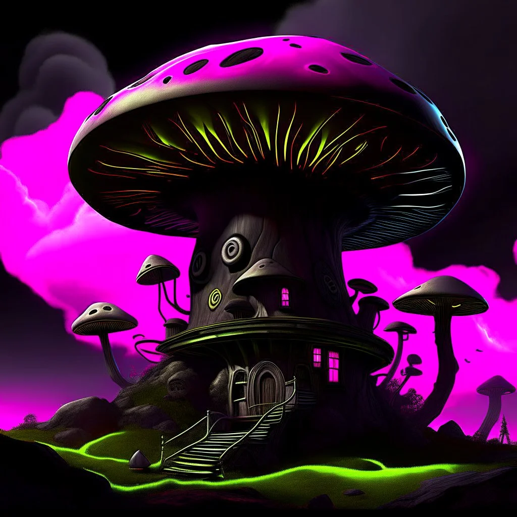 A fantabulous black, lime, and pink (((mushroom tower house))) erected atop a (geologic pillar), surrounded by the uncanny imaginative ((( swirling skies))), offset by the stark hues of a (neon-tinged nebulous space scape), within. captured by the hand a skilled master painter with a focus on (softly blurred compositions and voluminous lighting).