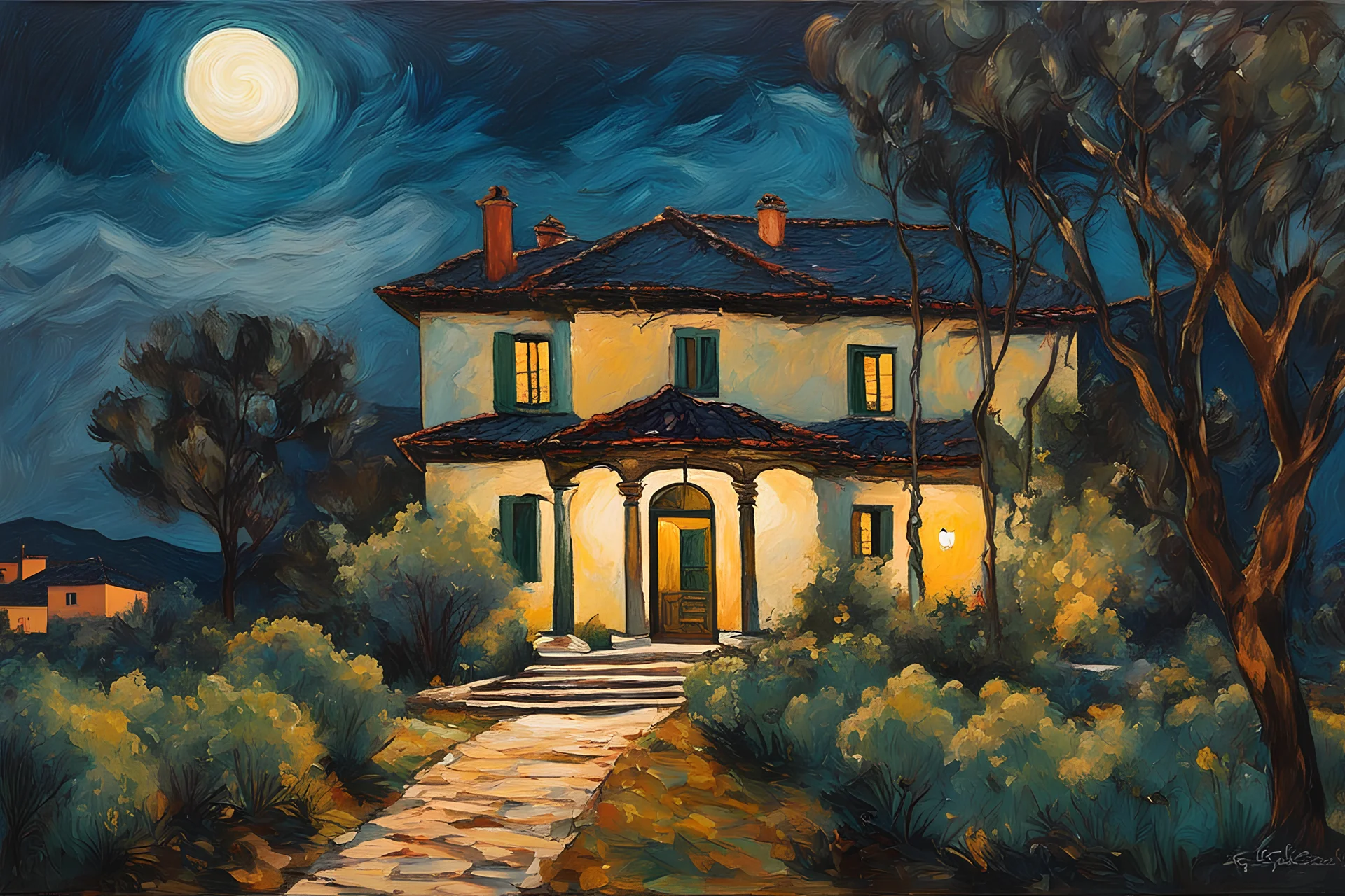 fine palette knife painting of a placid Spanish villa set amidst surrounding olive groves under the pale moonlight of midnight , in the Expressionist style of Egon Schiele, Oskar Kokoschka, and Franz Marc, highly detailed in muted natural colors with fine detail outlining and shading