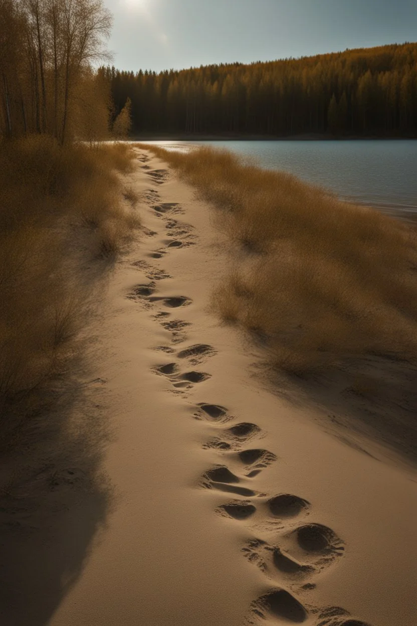 Sand Near THE WATER OF LAKE Gennisaretsky, bare footprints lead to the water. The image is in high quality in 8K.