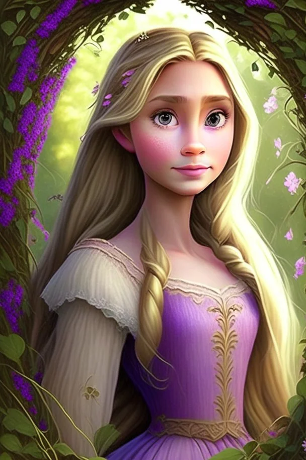 Princess Rapunzel, with a very beautiful and small round face, with neutral and consistent makeup, with a charming look, with a very wonderful dress in a very beautiful garden