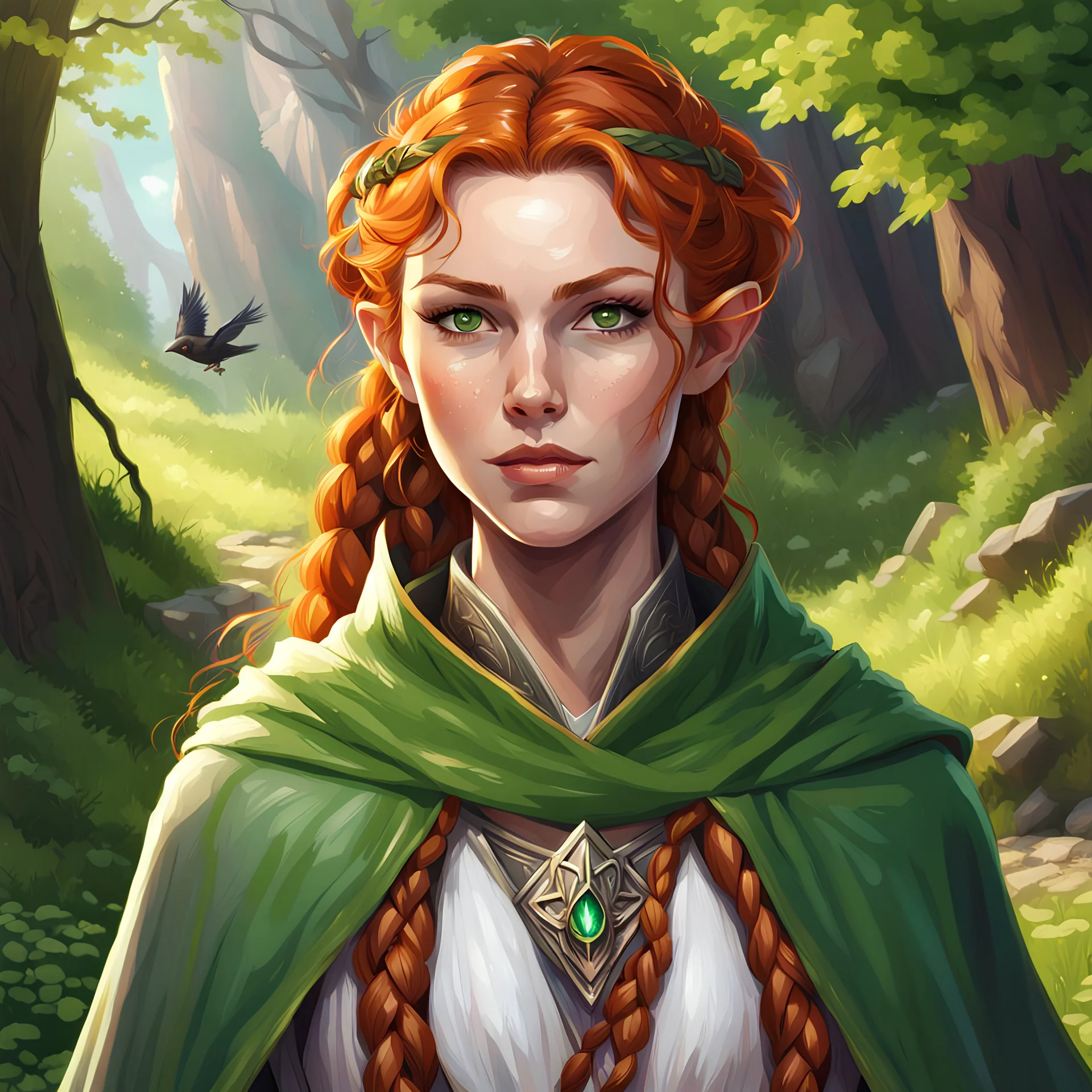 dungeons & dragons; portrait; teenager; female; cleric of mielikki; wood elf; ginger hair; braided bun; green eyes; cloak; flowing robes; nature; sunny; viel; trusting; healing magic; prayer; songbirds