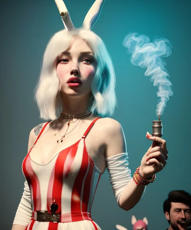 Ultra realistic photographic party portrait, sound club, wide-angle lens, couple, cinematic, happy blonde woman smoking a shisha pipe, accompanied by big white rabbit friend, hot, circus dress style, marihuana plants, color smoke, soft color, highly detailed, unreal engine 5, ray tracing, RTX, lumen lighting, ultra detail, volumetric lighting, high definition.