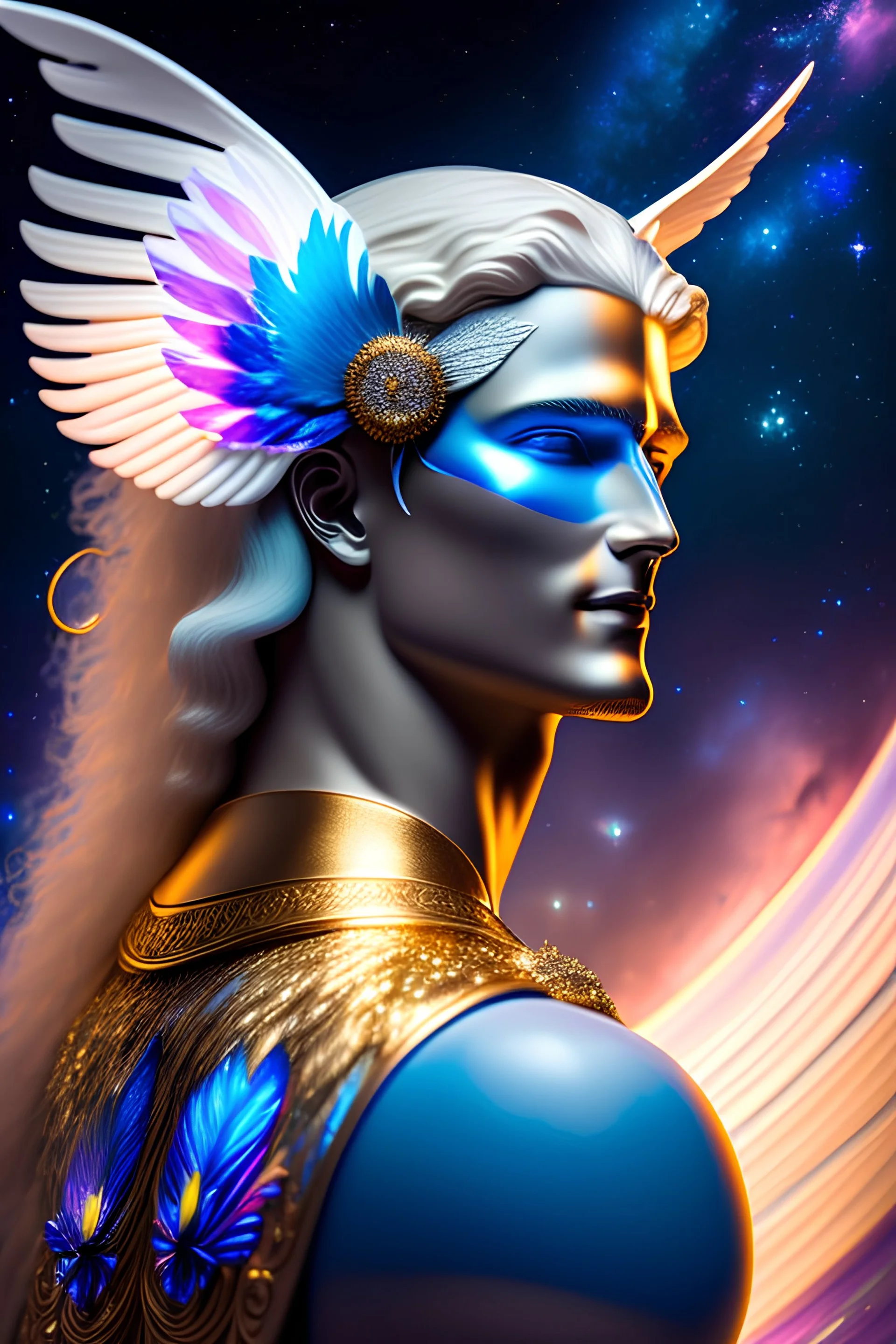 Flower, angel man, (detailed face )++, (detailed blue eyes)++ (long blond hair)++(pectoro visible)++(smile)++, , (two feathered wings on his shoulder blades)++, beautiful place, incredible, cosmic, colours, planet, gold, realistic, real photo, stars at night, detailed, high contrast, 8k high definition, unreal engine 5, extremely sharp details, (lighting effect, light background)++.