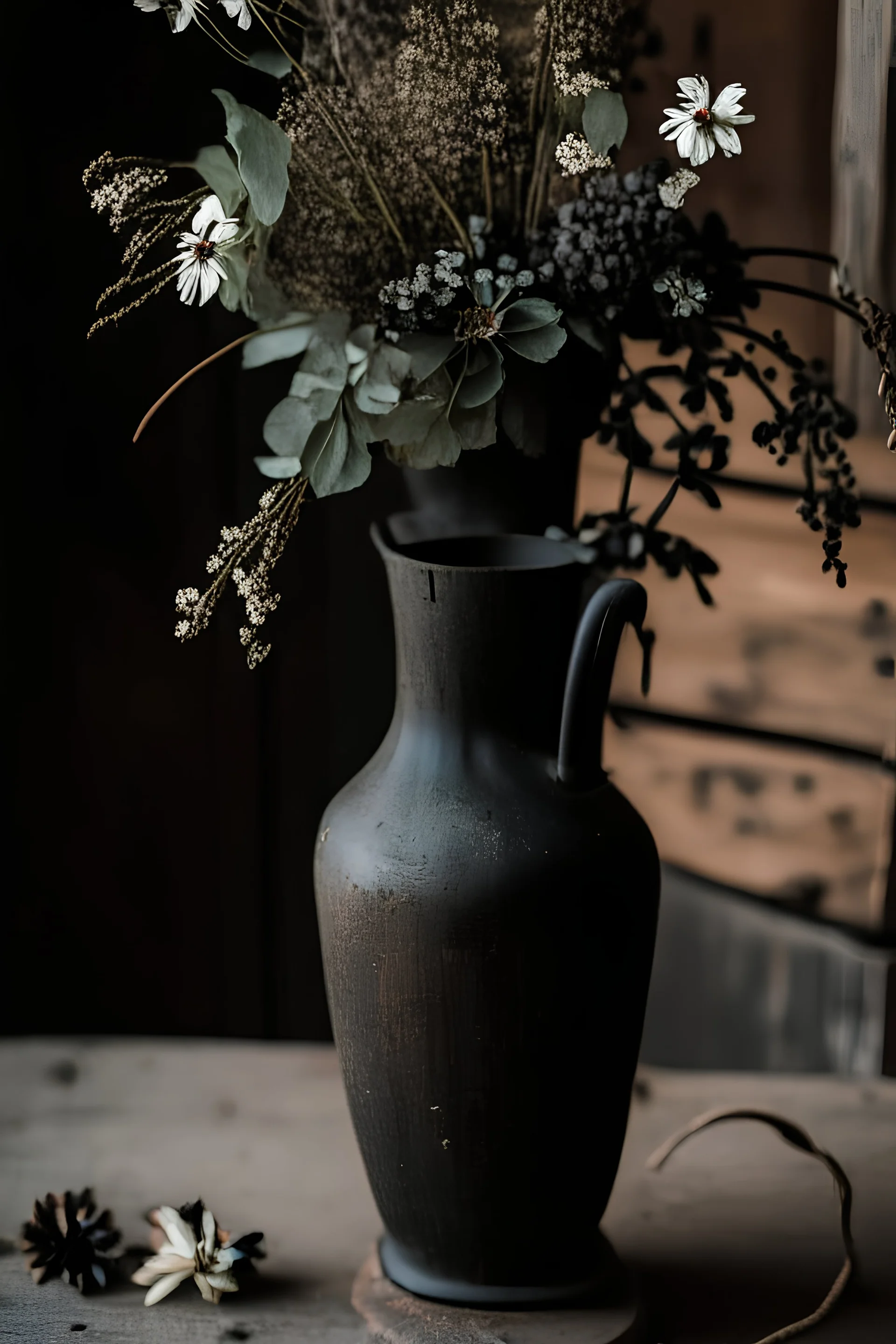 detail image of an old black rustic vase with flowers on a wooden table. modern farmhouse style with rustic feeling.