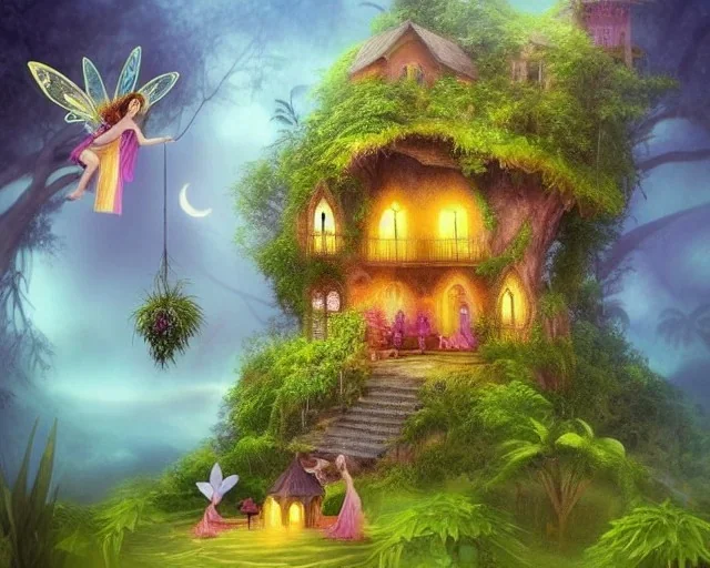 mystical house on a hot tropical island, fantasy art, surreal art, beautiful little fairies sitting on the trees,