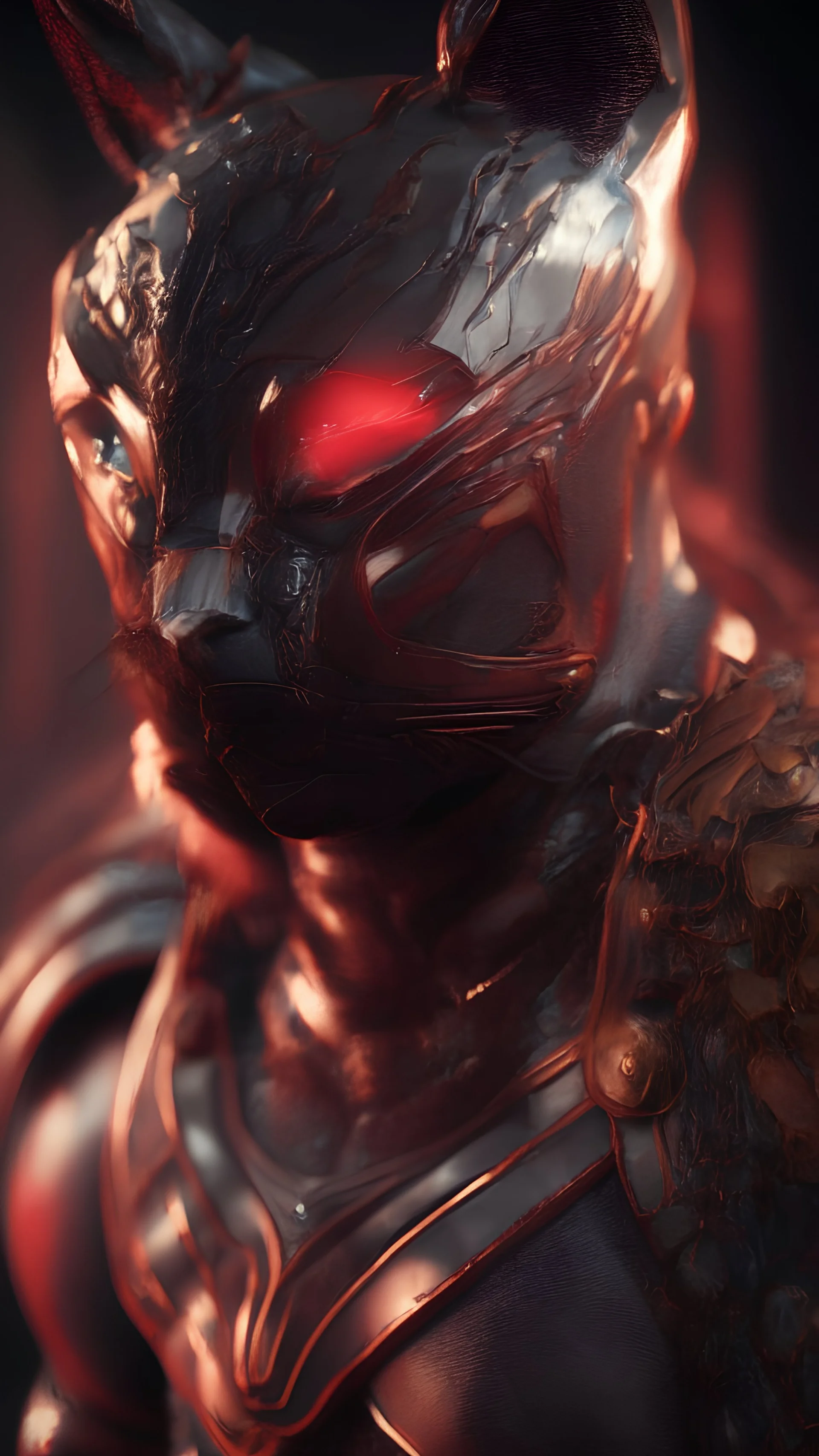 Iconic Cat-Man, Glowing red and silver, ultra-detailed armor, eye mask cat, dynamic shot, richly saturated colors, full stature, cinematic atmosphere, Octane rendering, hyper-realistic, unparalleled detail, 8K , concept art, physically based rendering, intricate textures, timeless masterpiece, AI enhanced, GAN, ray tracing, depth of field, neural network,