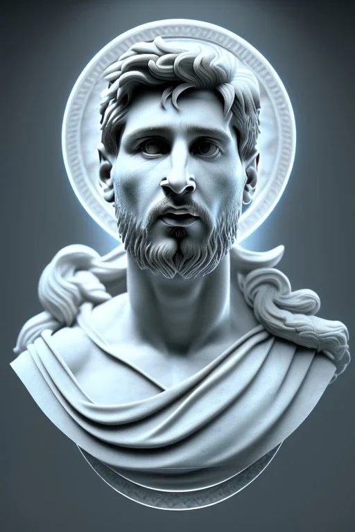 Ultra Realistic image, Roman sculpture, white marble material, Lionel Messi, sun radial crown, chisel style, waist up portrait, epic, celestial, cinematic lighting, God light, god rays, 4k resolution, smooth details, ornate details, soft lighting, unreal engine 5, marble background.