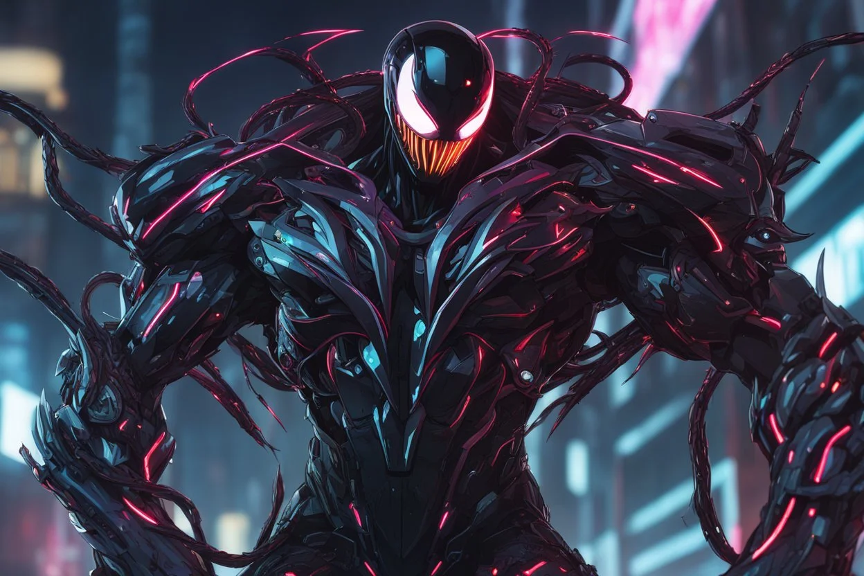 venom machine in solo leveling shadow artstyle, cyberpunk them, neon lights, full body, apocalypse, intricate details, highly detailed, high details, detailed portrait, masterpiece,ultra detailed,best quality