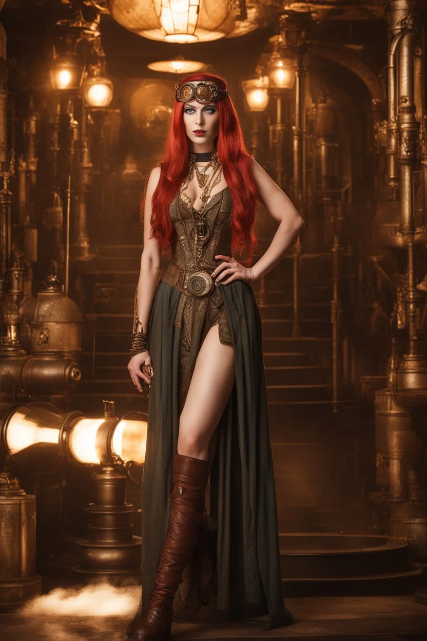 full body and headshot of a skinny Cleopatra, with long straight red hair, standing in a steampunk setting.