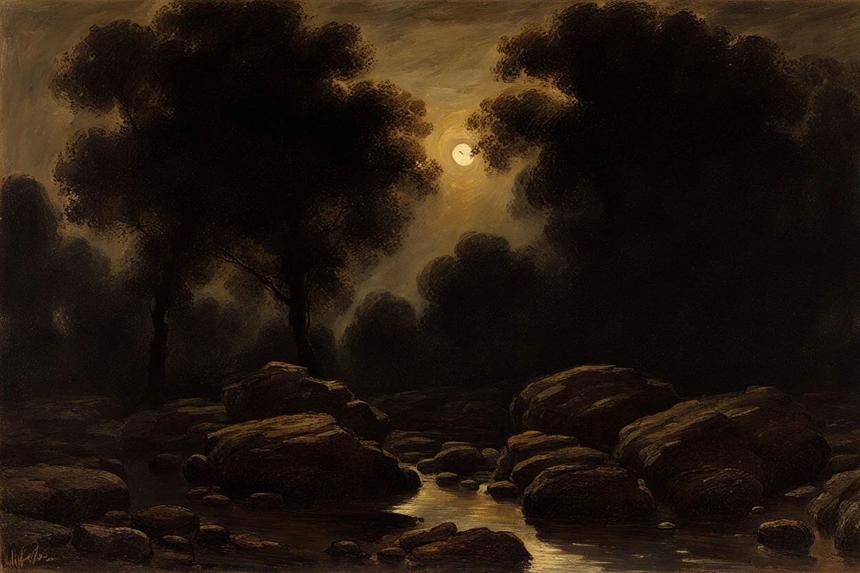 Night, rocks, trees, begginer's landscape, friedrich eckenfelder and willem maris impressionism paintings