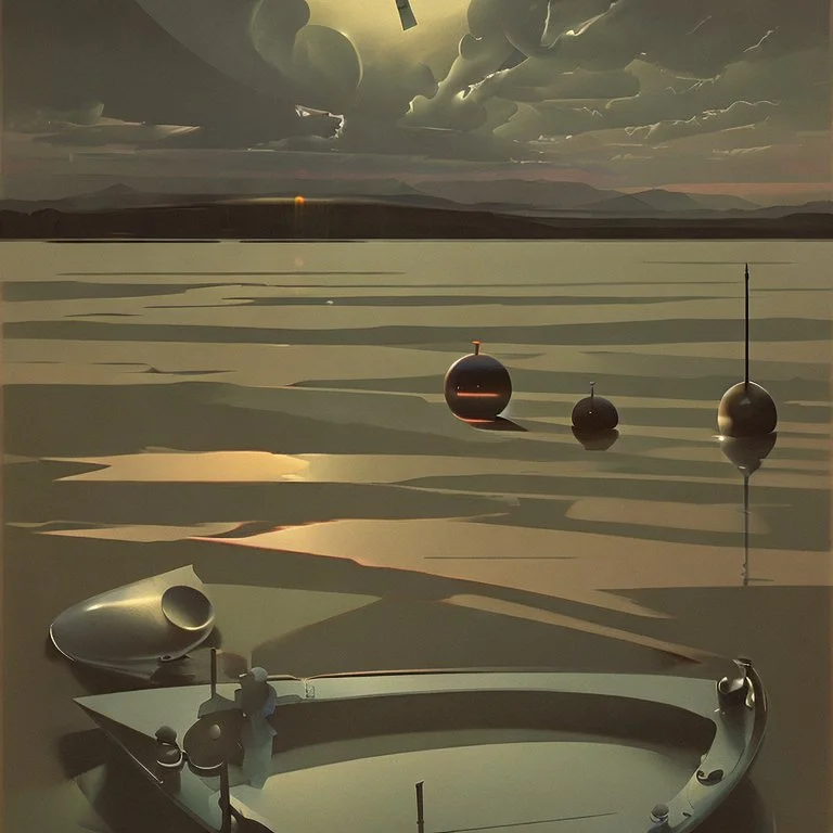 dusk landscape with lake,boat and human body, universe-like Soap Bubble,complex surgical instruments mixed with human body-like musical instruments,minimalism,Painting By Adrian Ghenie, Rene Magritte, Salvador Dali, Lucian Freud