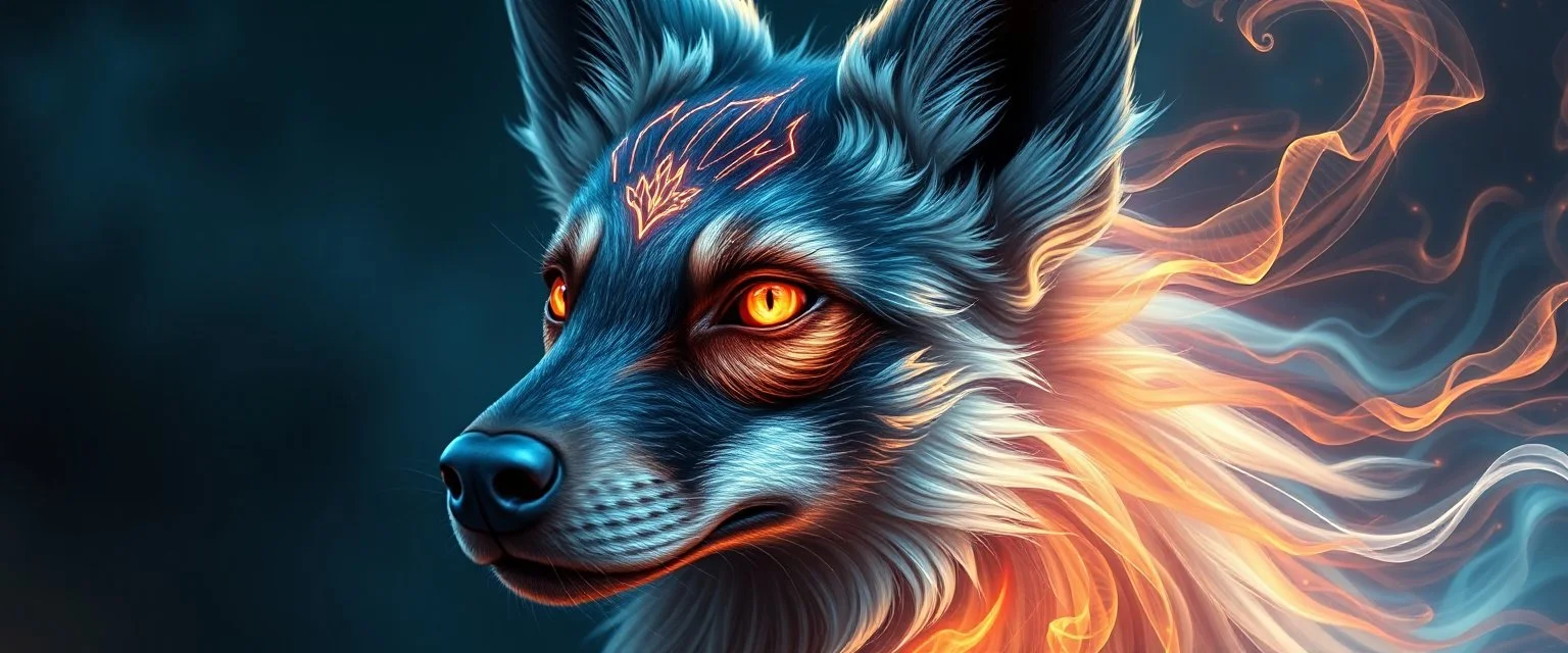 blink dog close up portrait of a plasma racoon fox horse king lama shape shifter flickers like hypnotic fire in geometric shapes like a dna swirl of time and a fearsome planeswalker covered in powerful runes